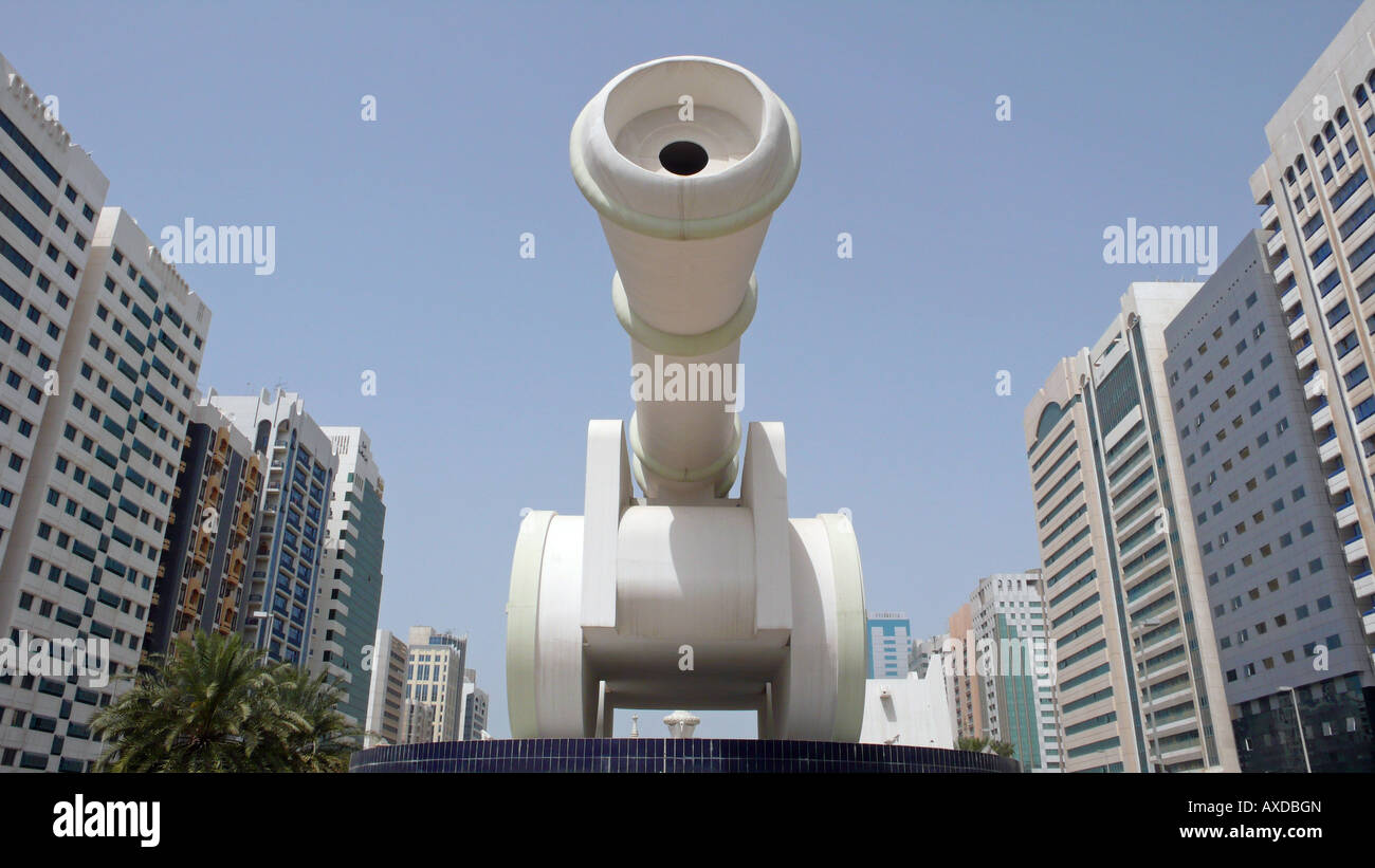 Giant cannon sculpture / monument on a traffic island in Al Ittihad