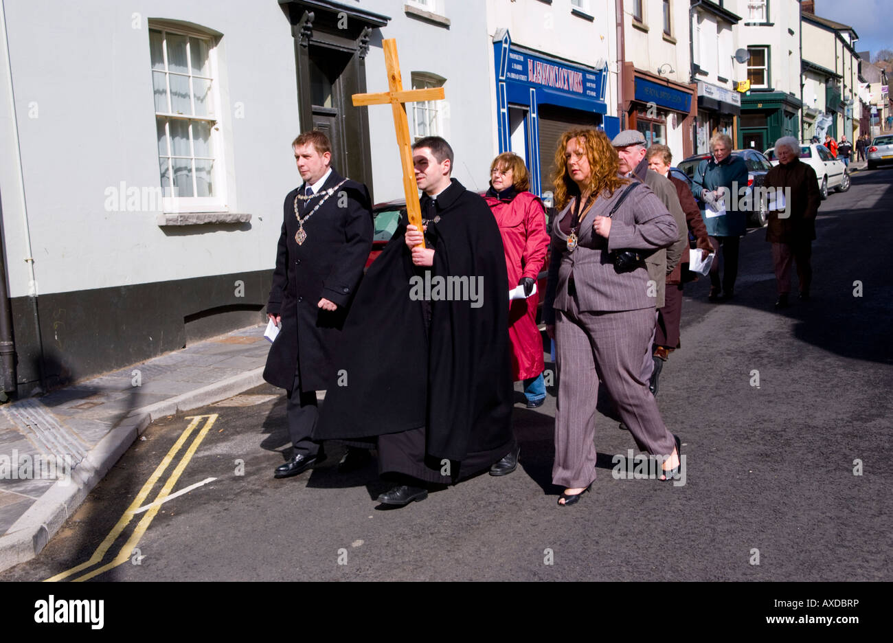Blaenavon Council of Churches Good Friday procession of silent witness through Blaenafon town centre Torfaen South Wales UK EU Stock Photo