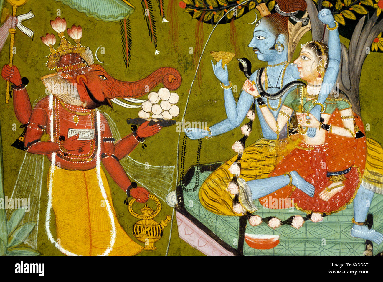 Kotah (India) Shiva, Parvati  and Ganesh c 1675 kanoria. Indian miniature painting, Rajasthan India Stock Photo