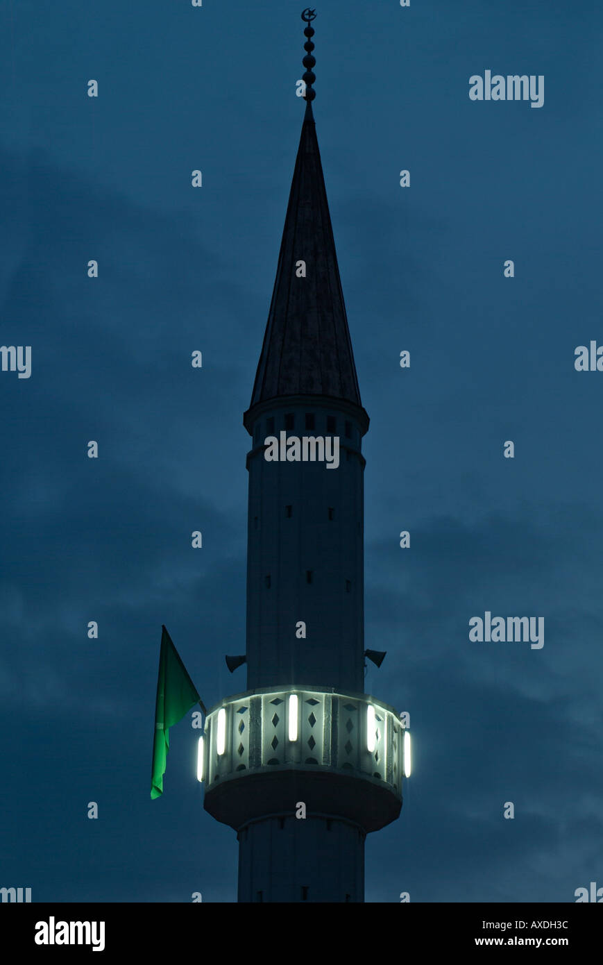 Minaret of a Mosque Silhouetted Against a Deep Blue Dusk Sky Banja Luka Bosnia Herzegovina Stock Photo