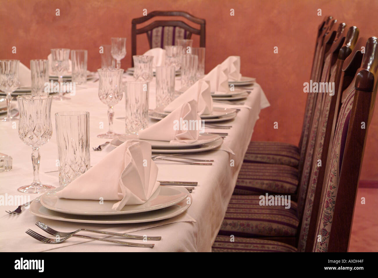 Place Settings on a Dining Table for a Dinner Party Stock Photo