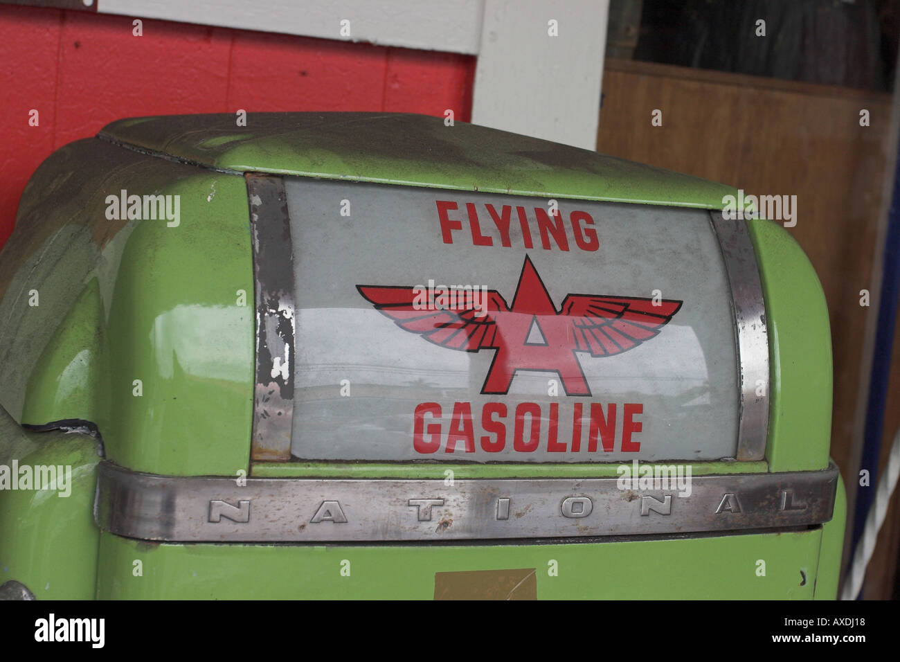 Old “Flying A” Gas Pump: The top portion of an old green and red flying