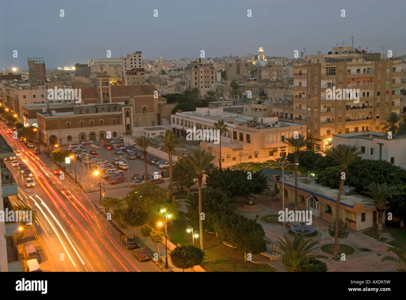 General view of the city of Tripoli by night, Libya Stock Photo
