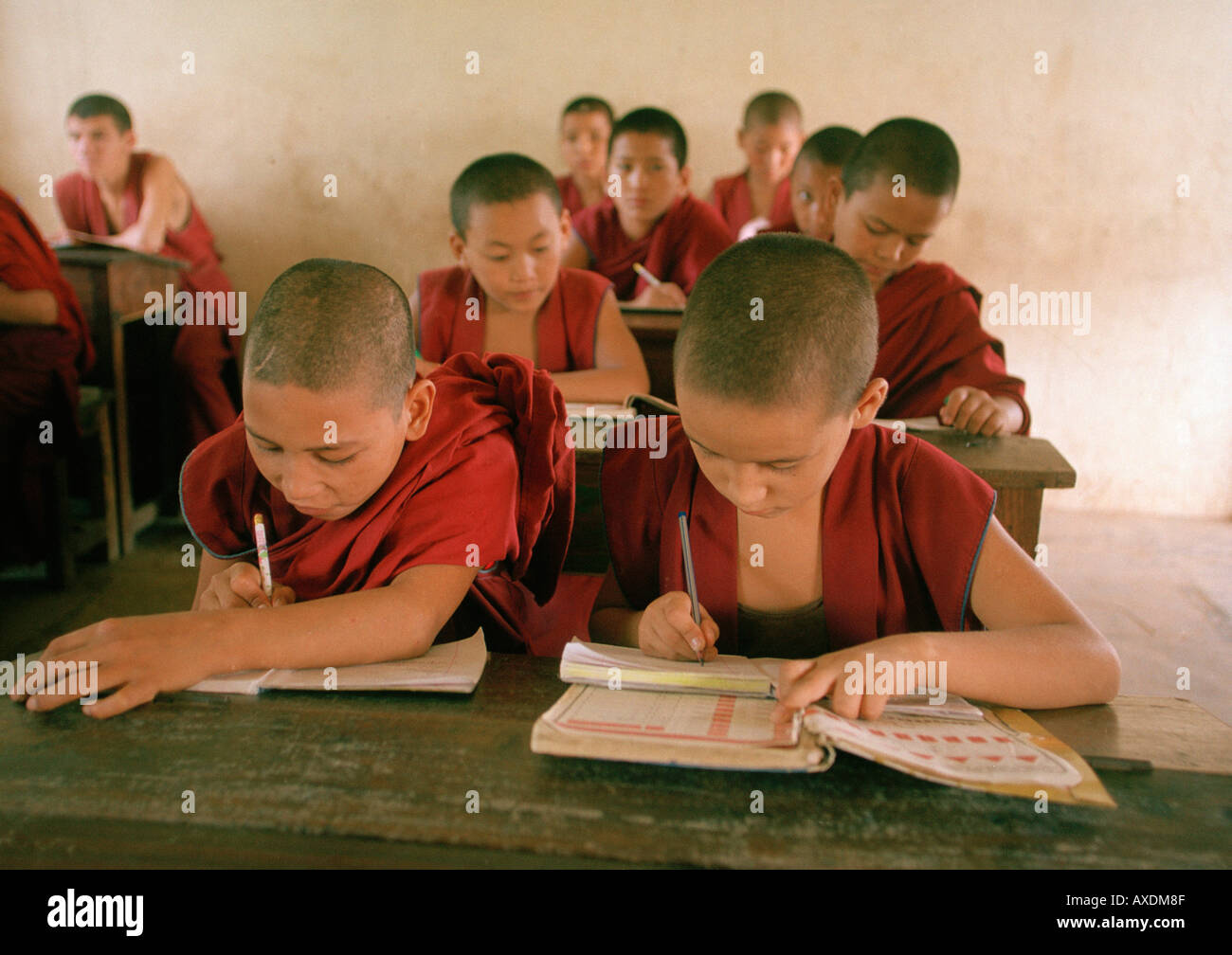 Monks study at a monastery in India. Stock Photo