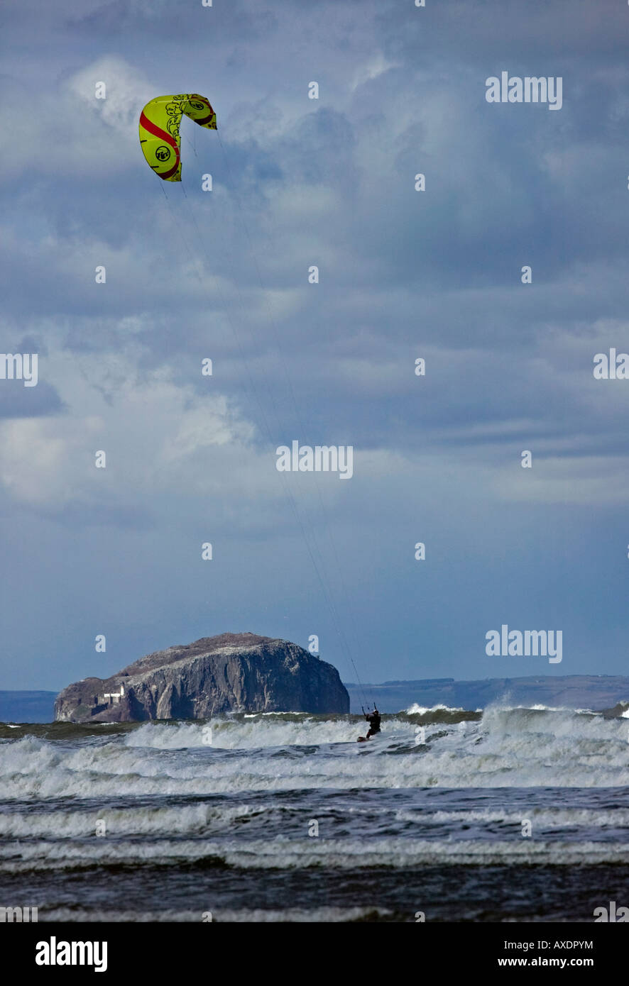 'Kitesurfer' with Bass Rock, Belhaven Bay, East Lothian, Scotland, UK, Europe Stock Photo