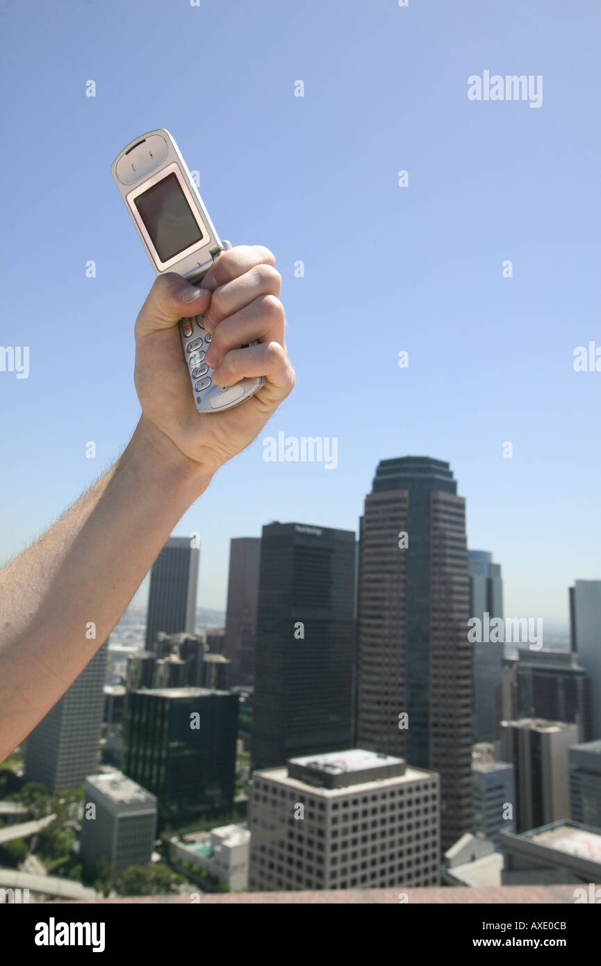 Successful portable communications on top of highrise office building in Los Angeles CA Stock Photo