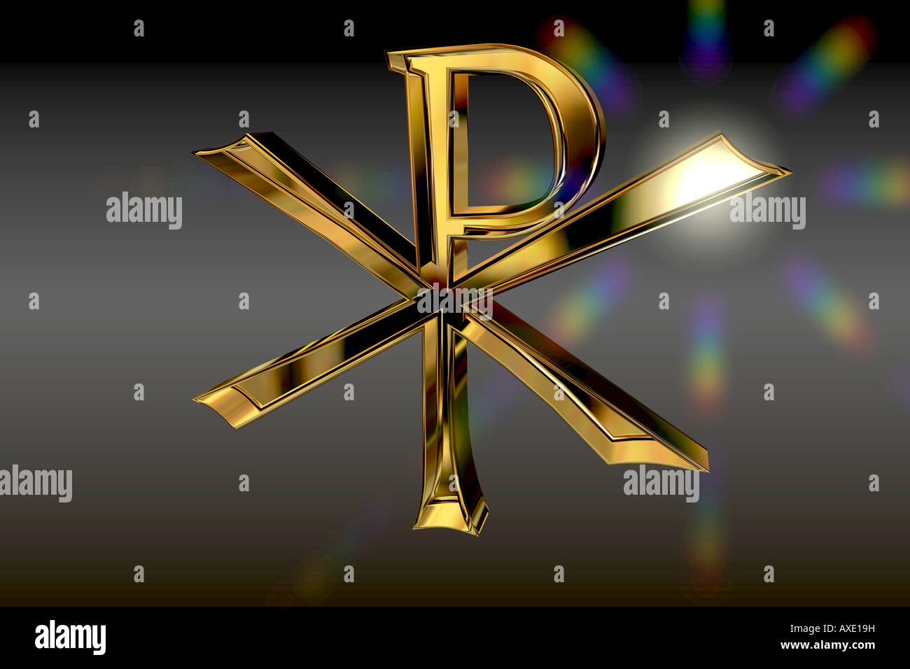 Golden Rendering of an Christian Pax Christi Sign with a rainbow-Lens Flare. Black Background. Stock Photo