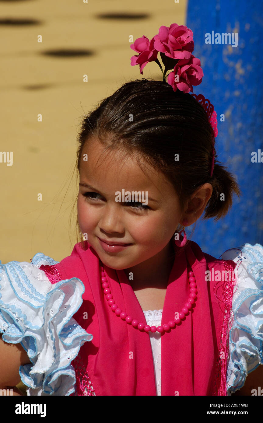 Portrait of a girl in Traje de Gitana , Feria de Abril , Sevilla , Andalusia , Europe Stock Photo