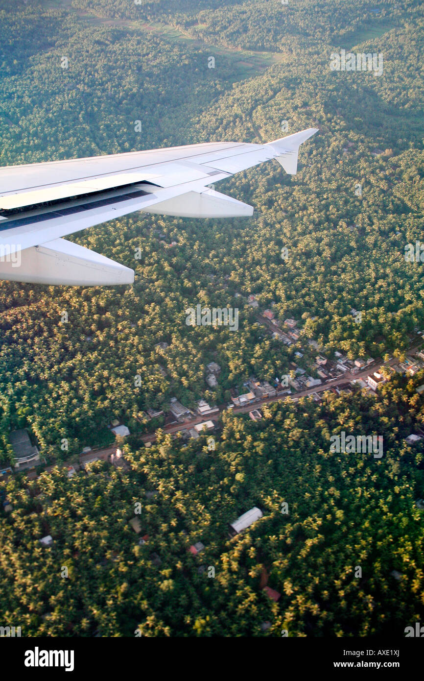 Flying over Kerala - the land of coconuts - aerial overhead bird's-eye view from the window of an aircraft Stock Photo