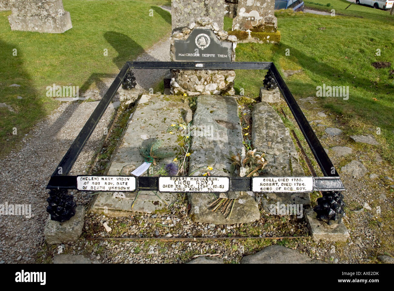 The grave of Rob Roy McGregor at Balquhidder church in Strathyre Scotland Stock Photo