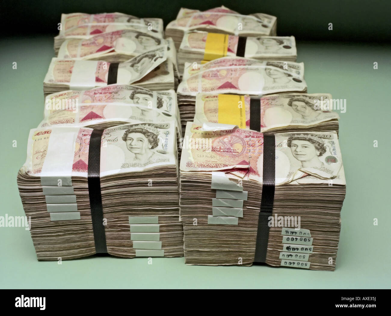 Half a million pounds sterling in fifty pound notes Stock Photo