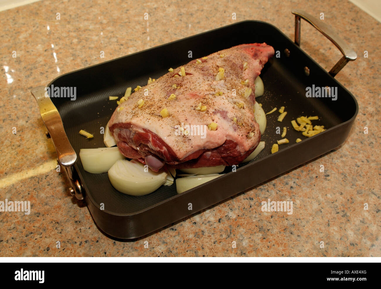 Roast Leg of Lamb on kitchen worktop Oven ready Stock Photo - Alamy