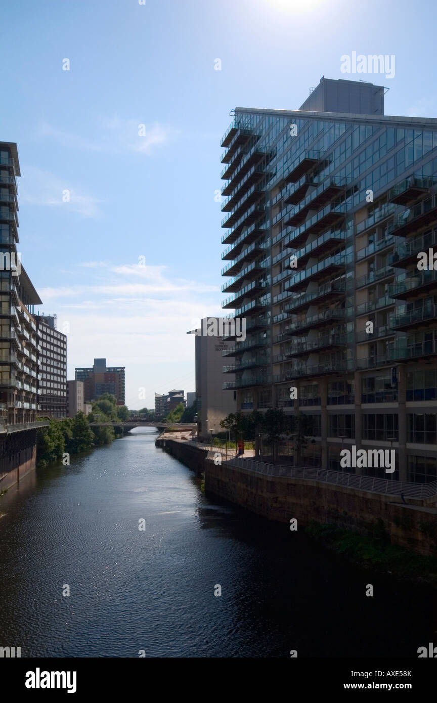 City centre apartments on the banks of the river in Leeds Stock Photo ...