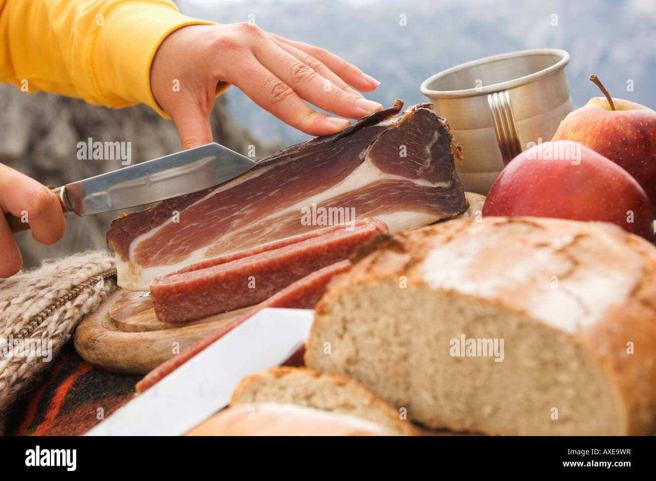 Austria, Salzburger Land, picnic with bread and ham Stock Photo