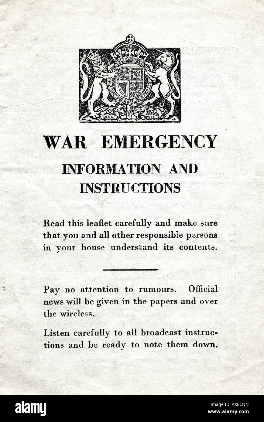 HMSO War Emergency Leaflet 1939 with Information and Instructions FOR EDITORIAL USE ONLY Stock Photo