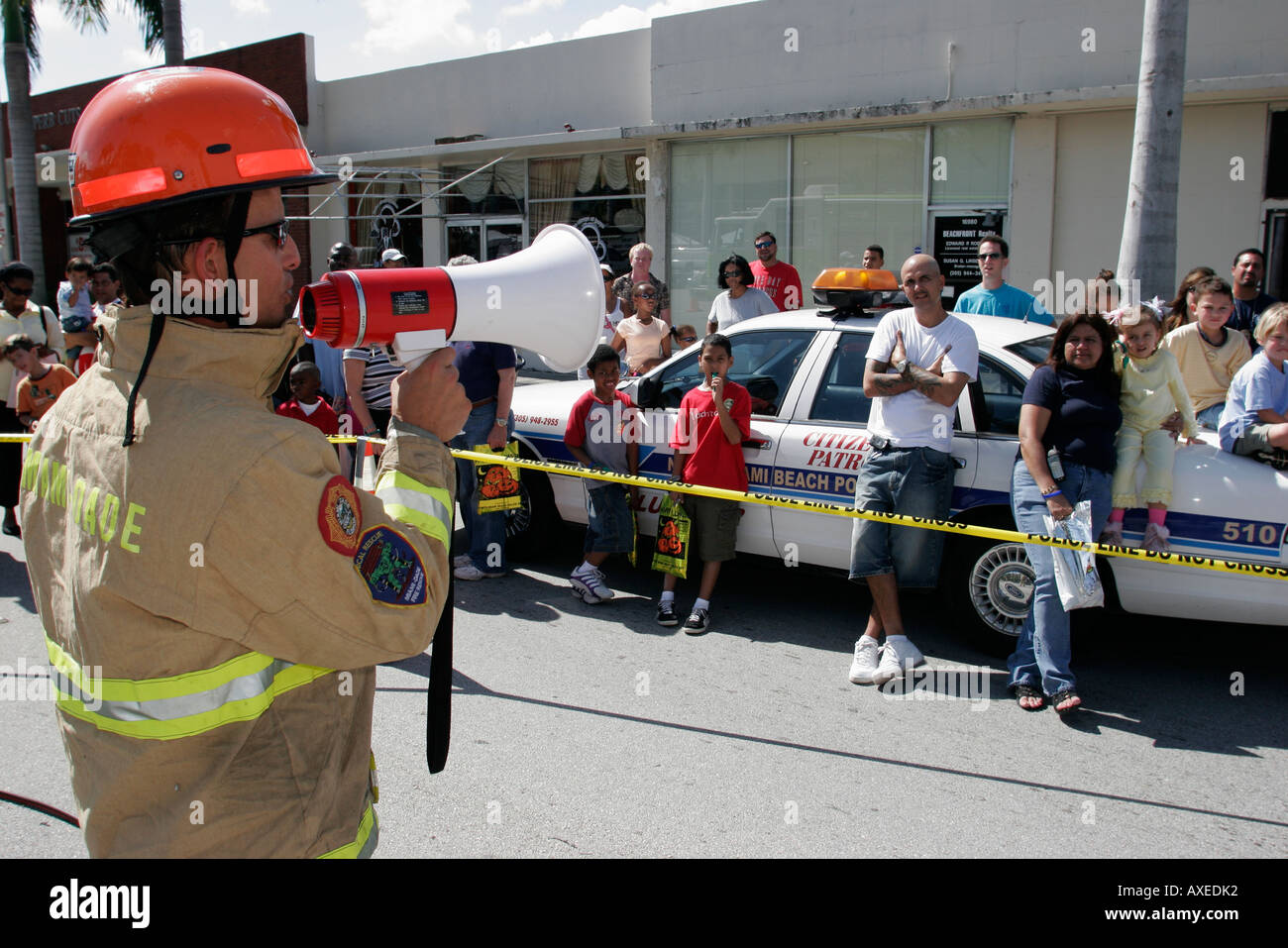 North Miami Beach Florida,Fire Rescue,Open house houses home homes residence,fireman,bullhorn,speaker,presentation,demonstration,audience,crowd,reside Stock Photo