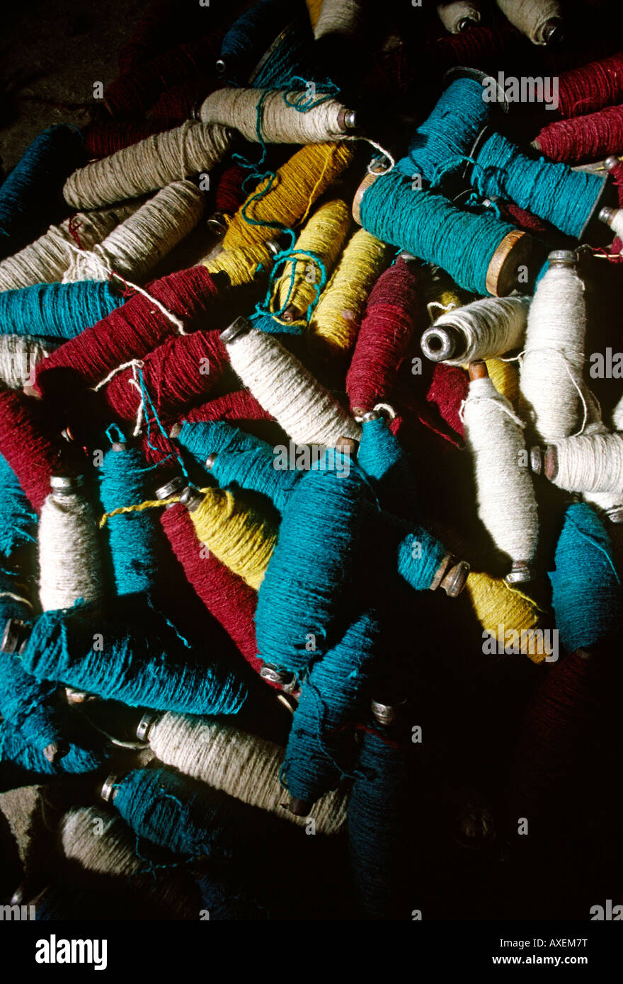 India Rajasthan crafts woollen threads spooled ready for the loom to ...