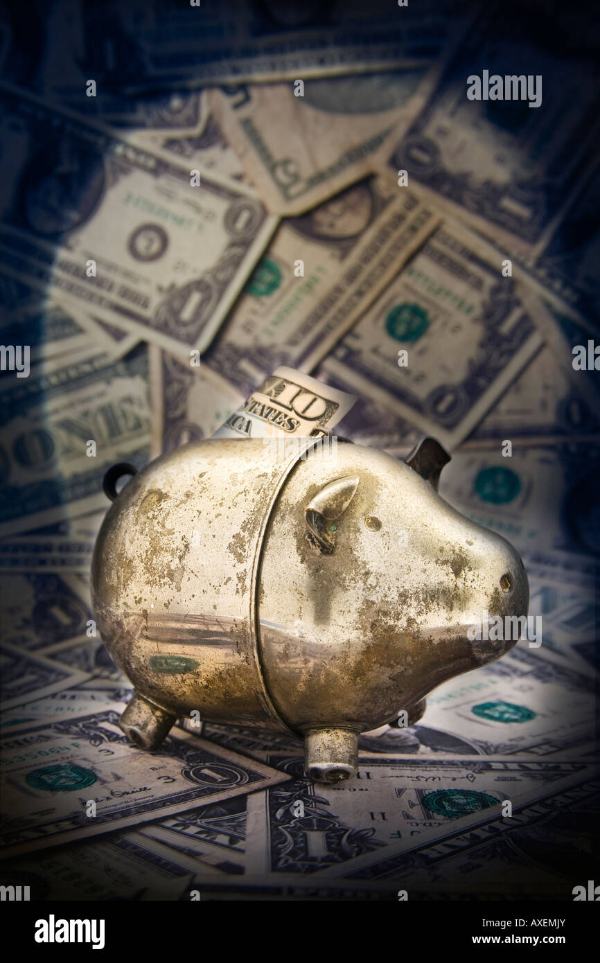 silver piggy bank on a background of dollars Stock Photo