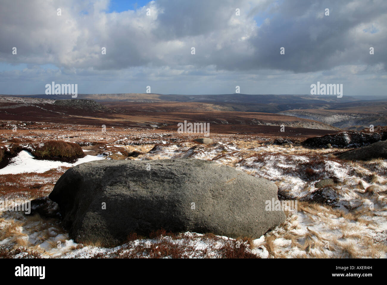 Winter from Bleaklow Stones towards Grinah Stones and the Upper Derwent Valley, Derbyshire, Peak District National Park, UK. Stock Photo