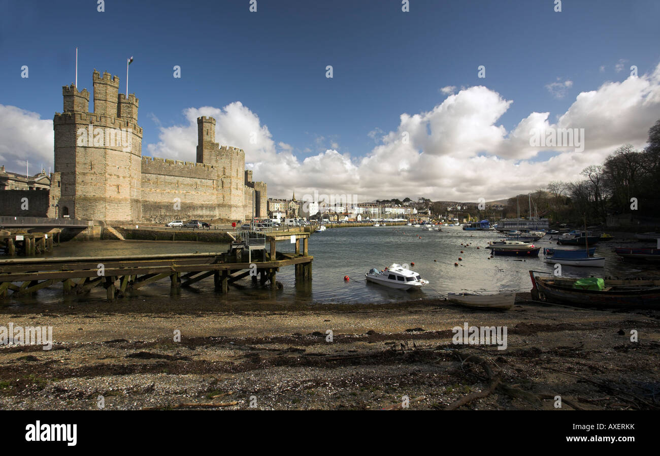 Caernarfon Castle and Harbour, Gwynedd, North Wales, UK Stock Photo