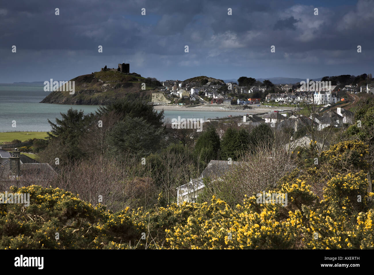 The Village and Castle at Criccieth on the gwynedd coast. Stock Photo