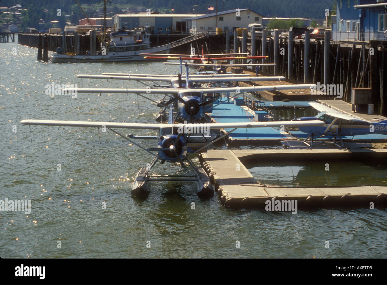 Float planes moored and waiting for rides, Juneau, Alaska Stock Photo