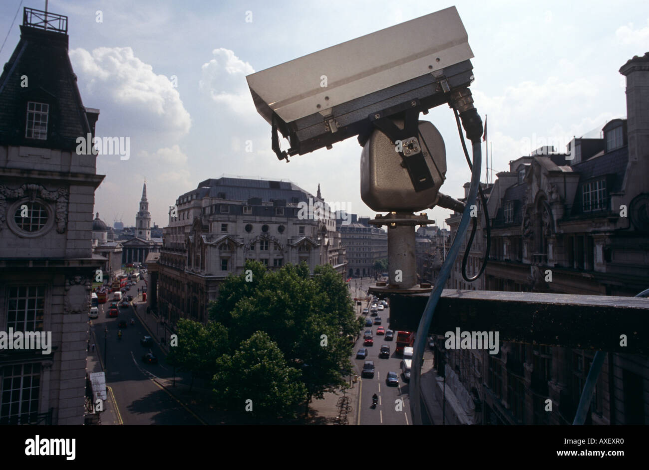 A CCTV camera looks down on a Central London street near Trafalgar Square. Stock Photo