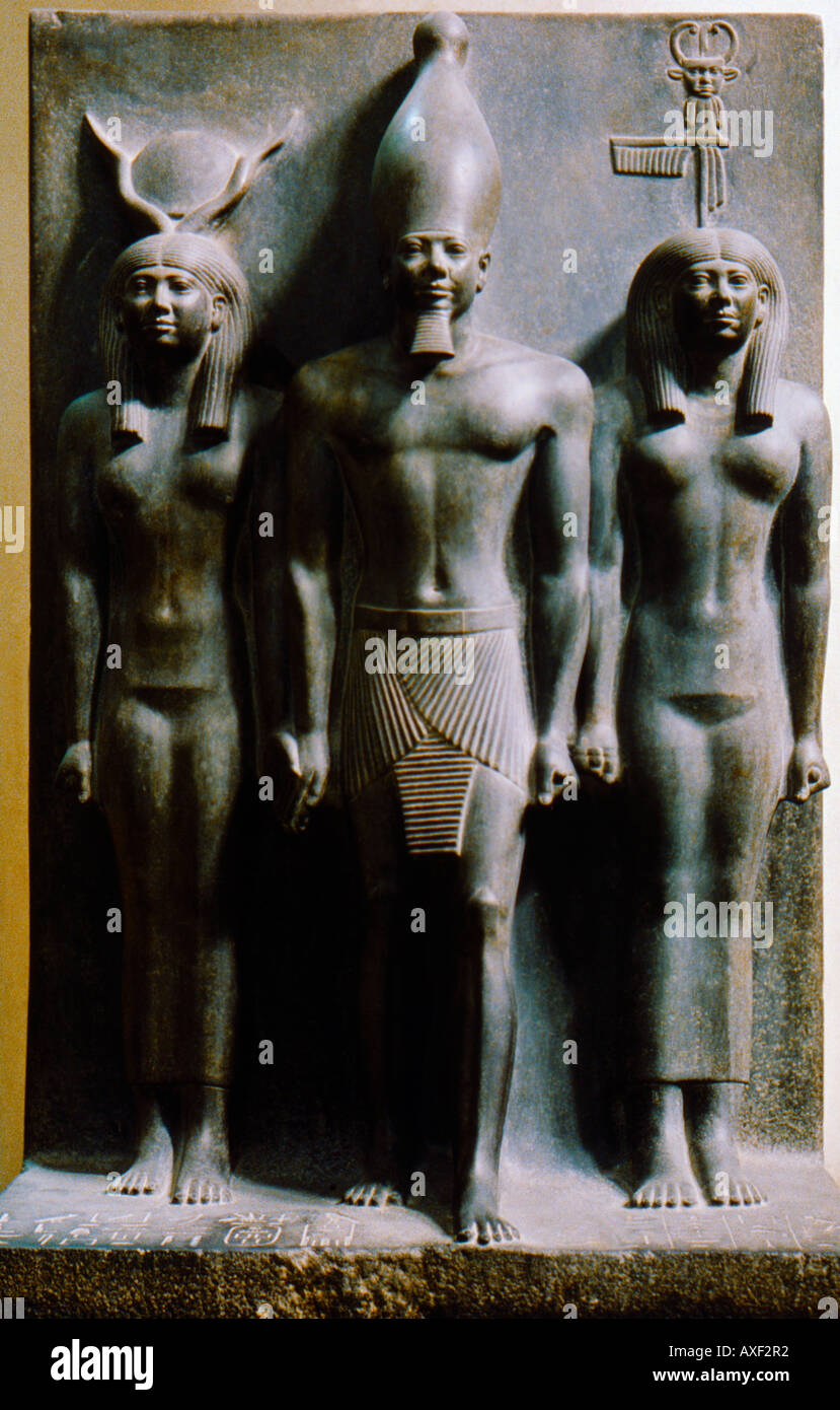Cairo Egypt Egyptian King Menkaura And Goddess Hathor & Isis The Egyptian Museum Stock Photo