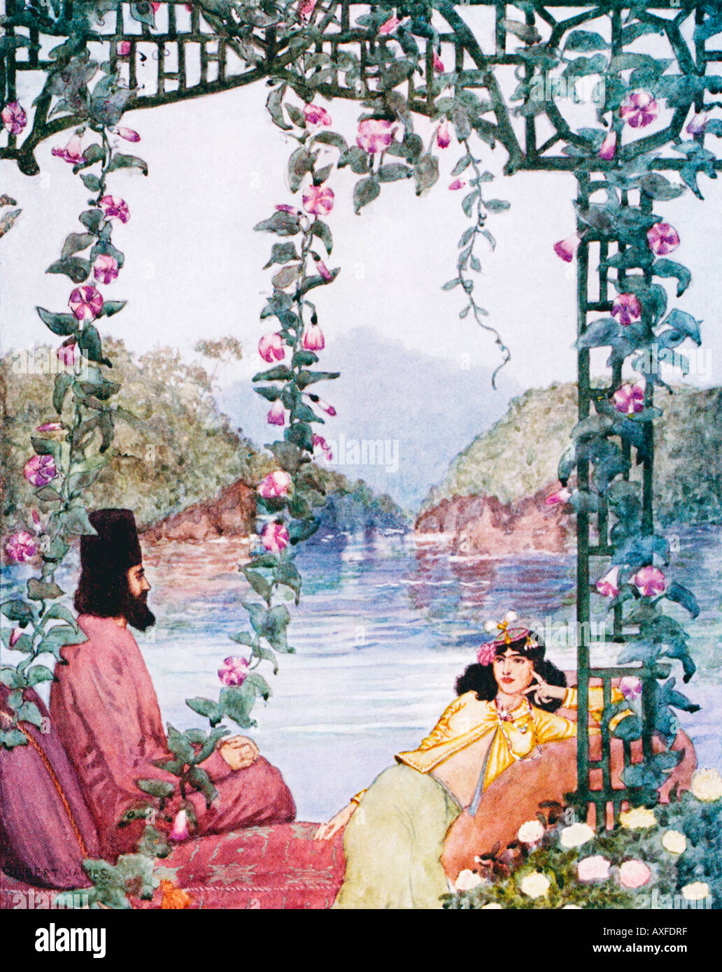 Rubaiyat Omar Khayyam The Garden illustration by Gilbert James from a 1909 edition of the Persian classic Stock Photo