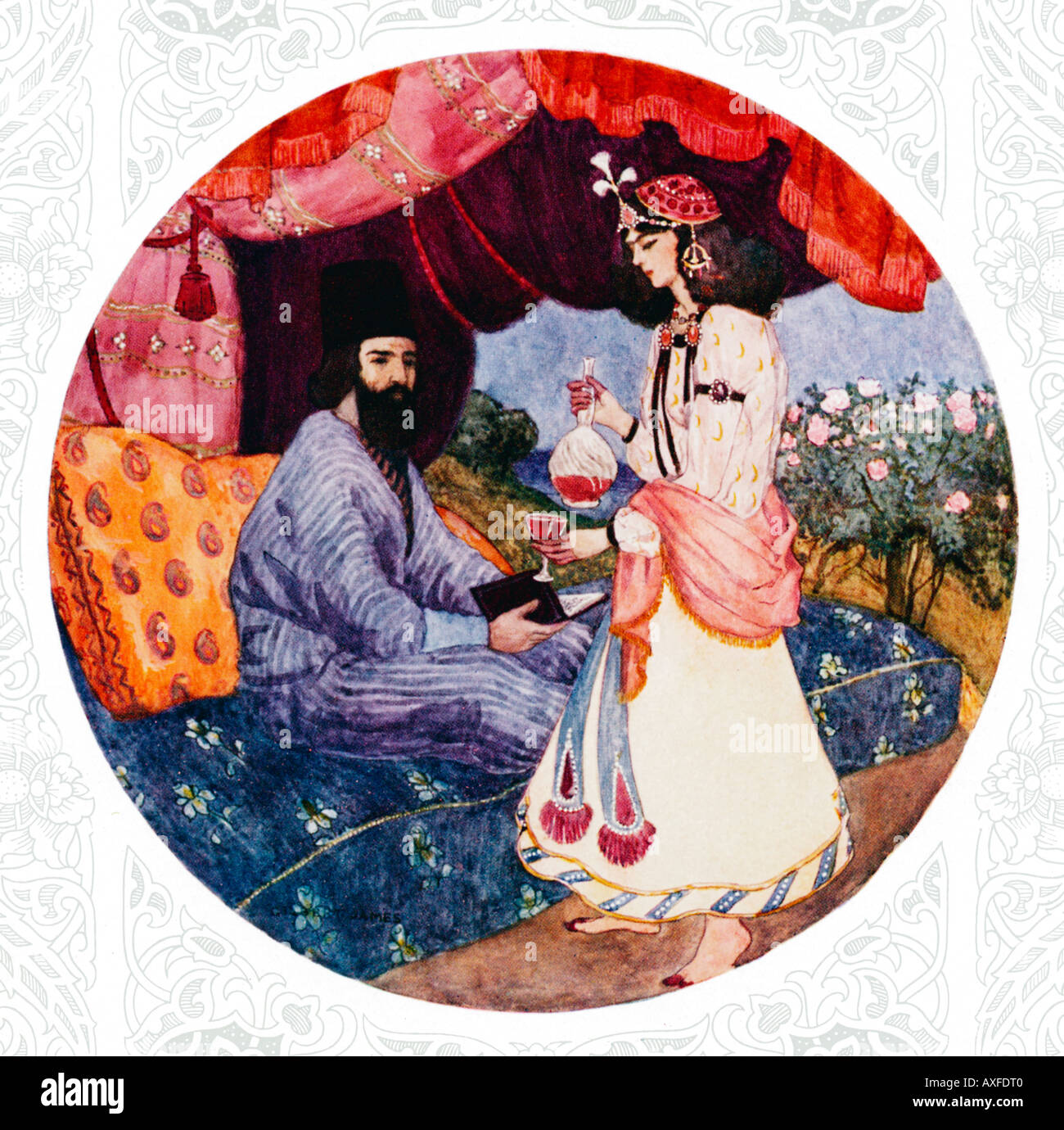 Rubaiyat Omar Khayyam Fill The Cup illustration by Gilbert James from a 1909 edition of the Persian classic Stock Photo
