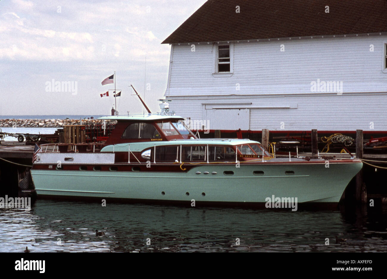 Classic Cabin Cruiser Docked At Mackinac Island Michigan Harbor