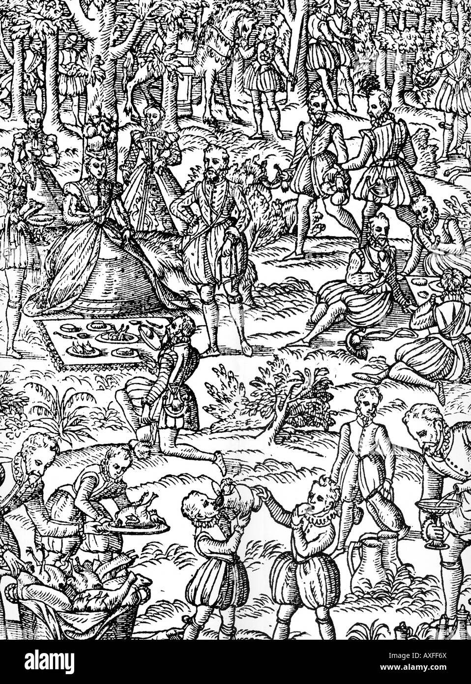 GEORGE TURBERVILLE   His 1575  book The Noble Art of Venerie or Hunting   detailed how to arrange a Royal picnic in the woods Stock Photo