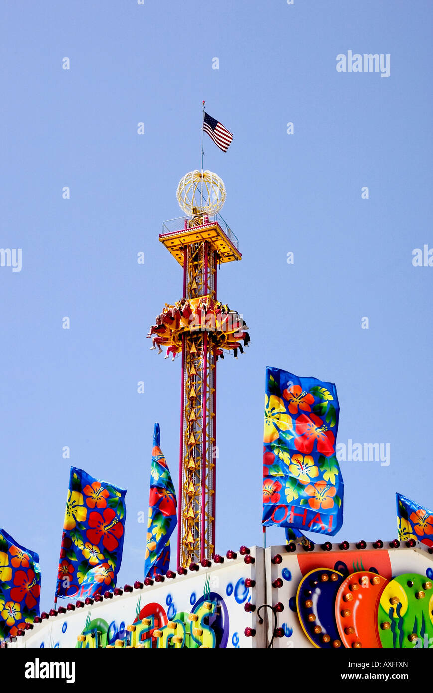Colorful rides, flags, banners at Orange County Fair, California Stock