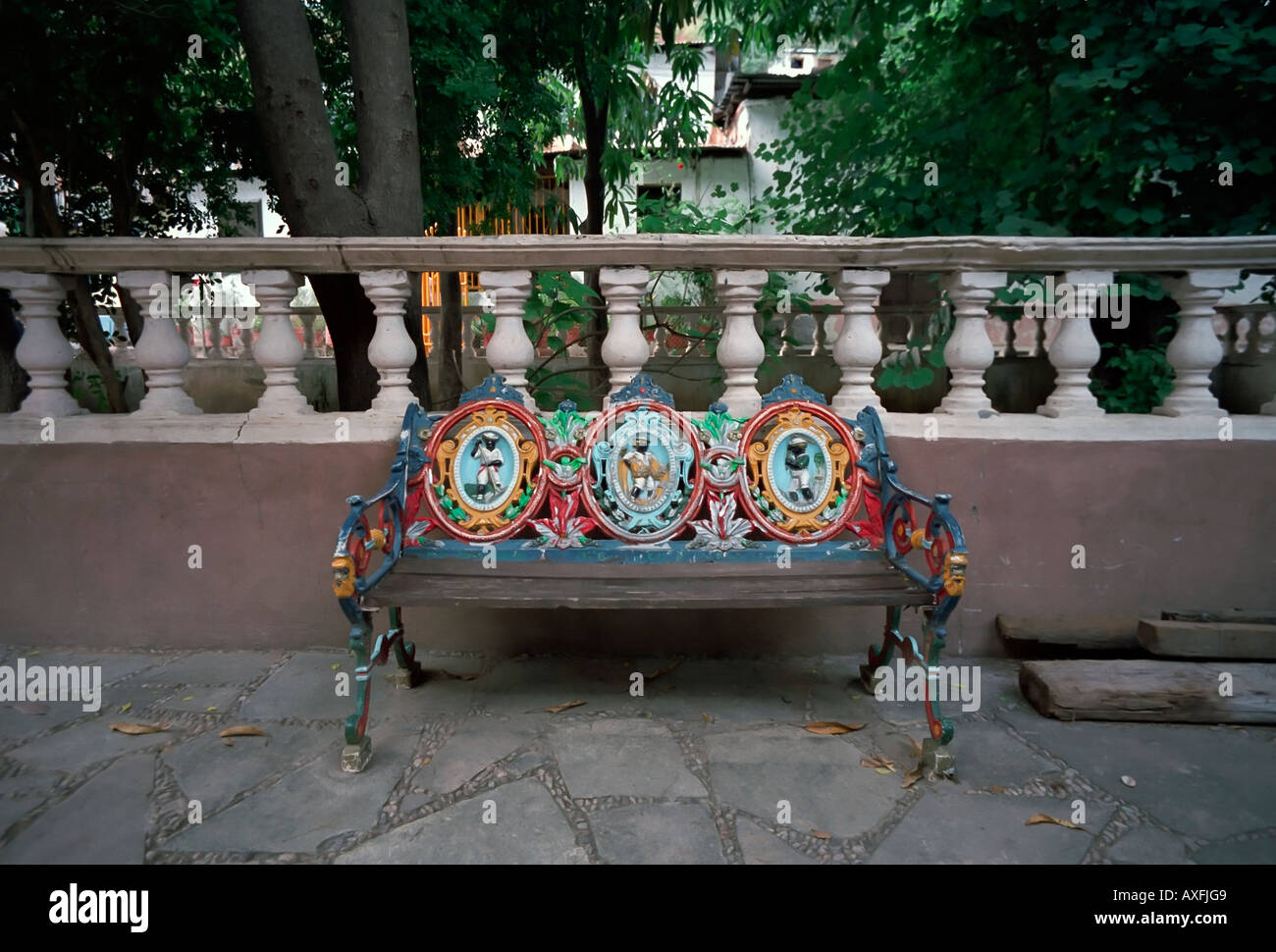 Ornate bench in a square of Batopilas a town built at the turn of the last century during the silver rush in Copper Canyon Stock Photo