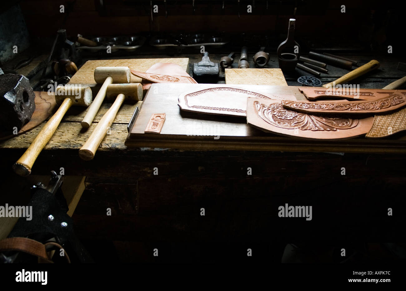 Leatherworking tools are displayed the Bar U Ranch National Historic Site in Southern Alberta Canada Stock Photo