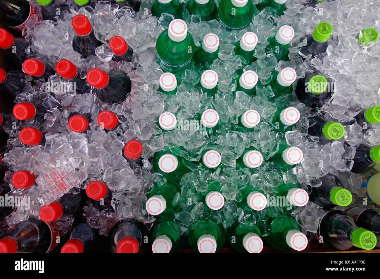 Bottles of soft drinks in ice Stock Photo Alamy