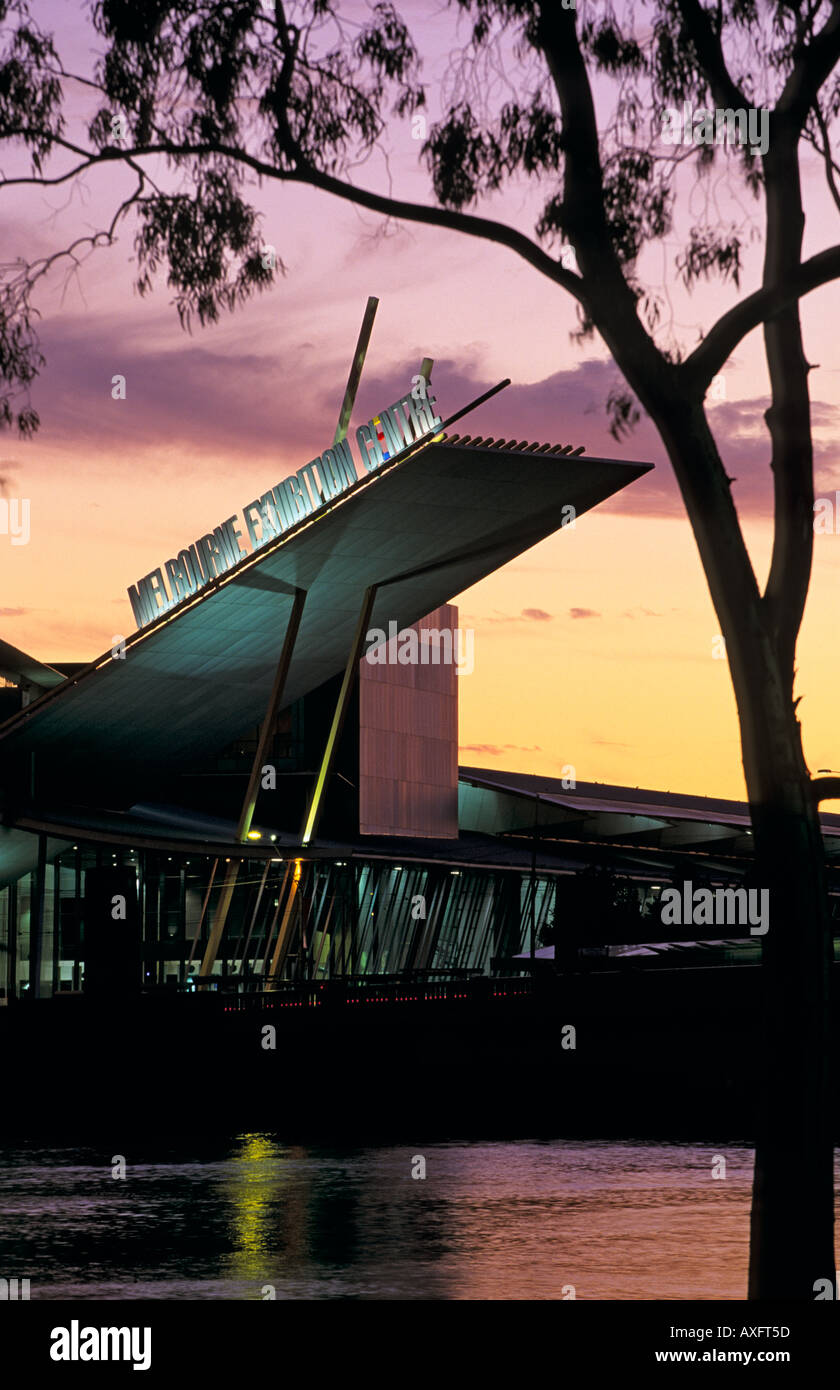 Melbourne Exhibition Centre and river at sunset, Melbourne, Australia Stock Photo