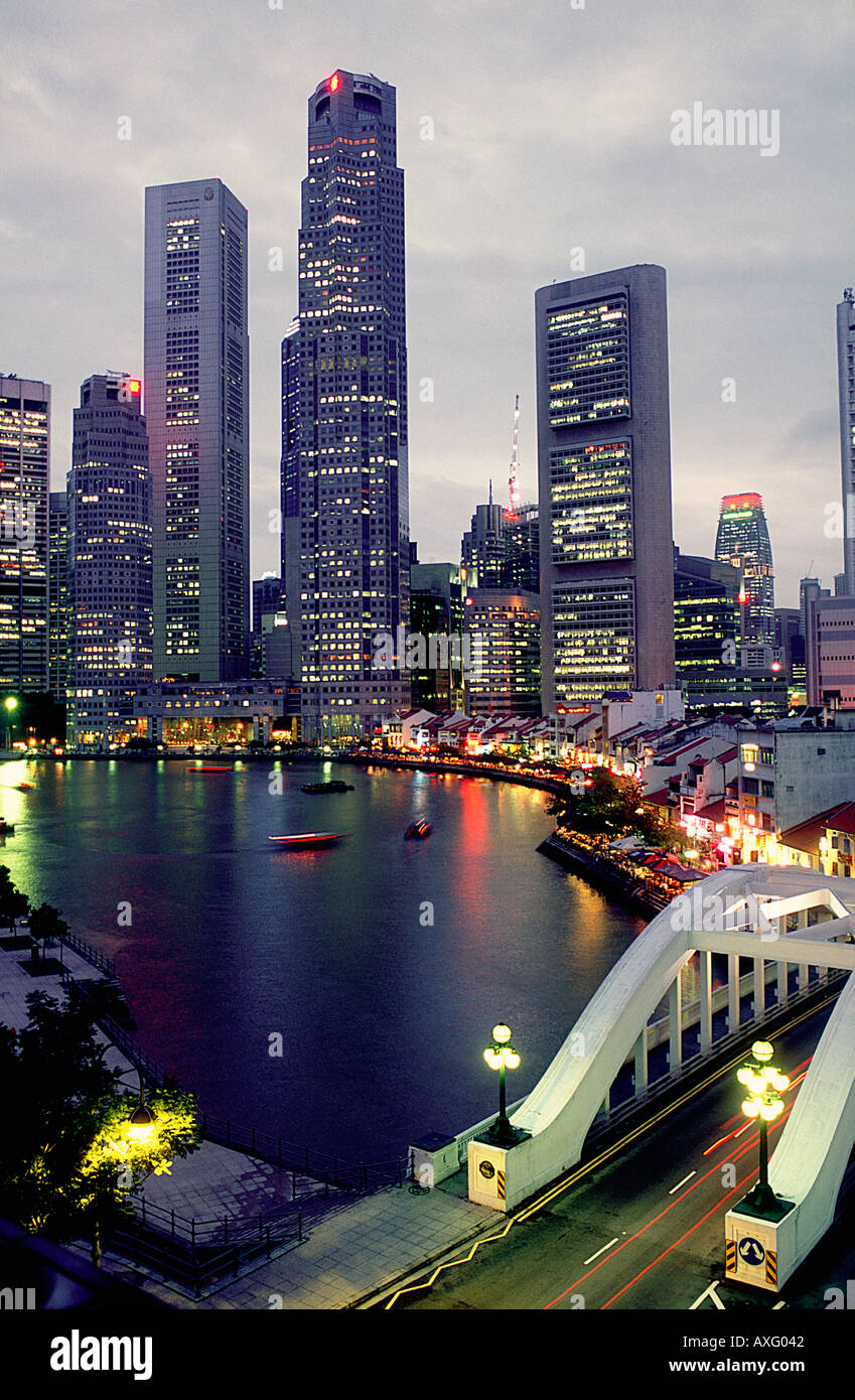 Singapore Boat Quay At Sunset Stock Photo