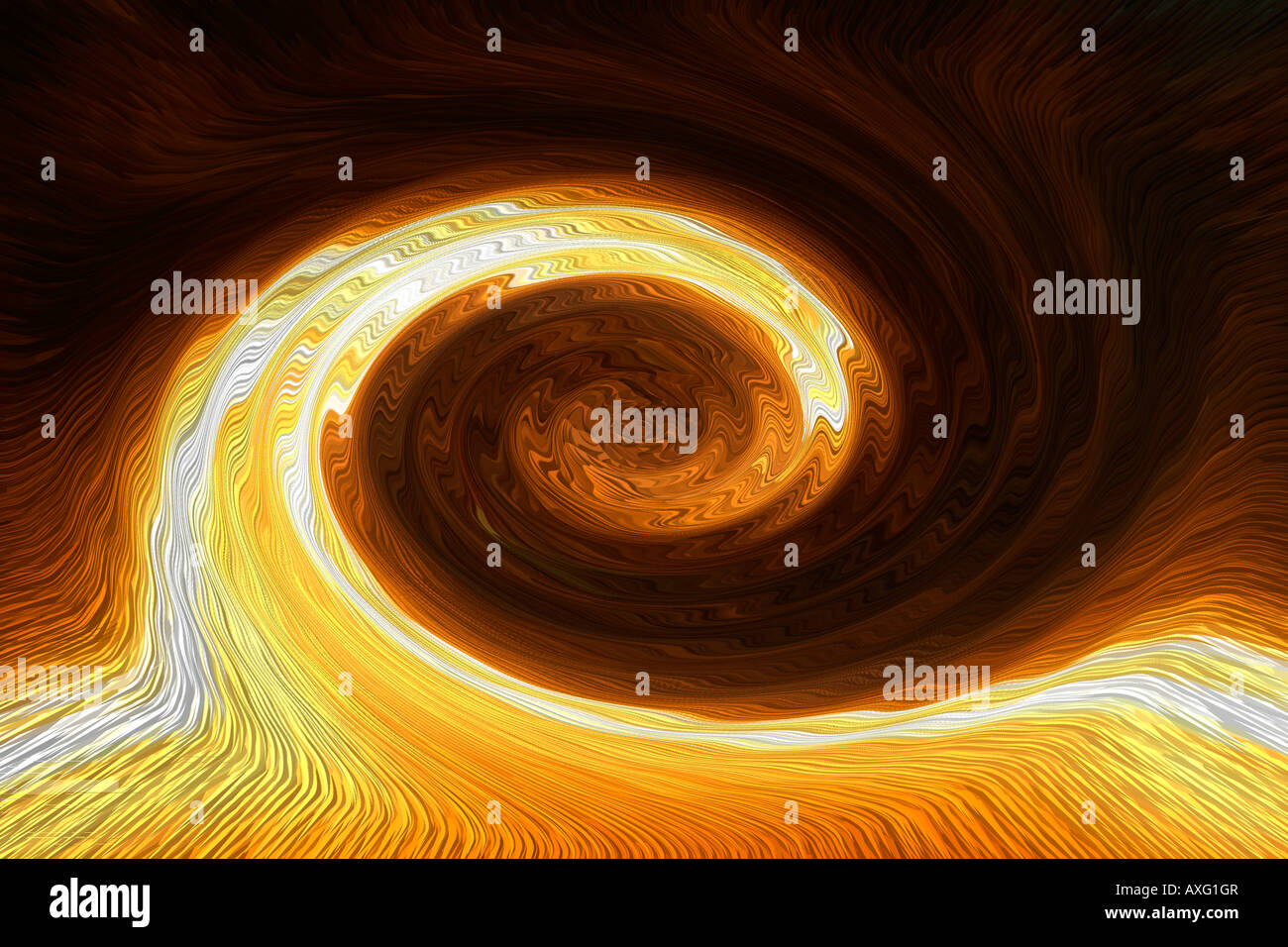 Singularity - edge of the event-horizon with golden light swirling into a black hole Stock Photo