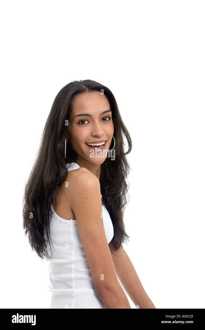 Happy attractive young woman on a white background Stock Photo