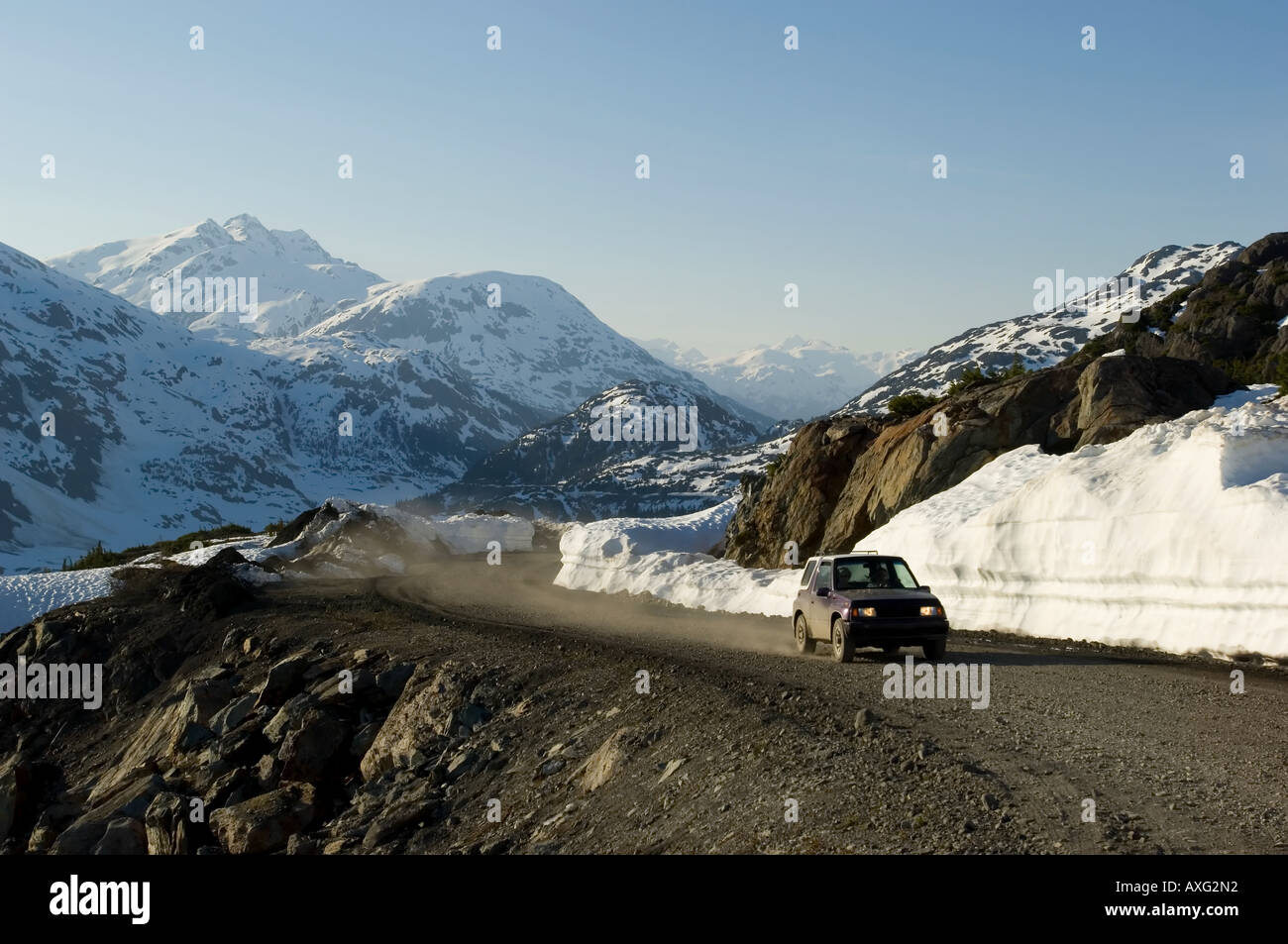 Offroad driving by Boundary Ranges near Salmon glacier between British Columbia and Alaska Stock Photo
