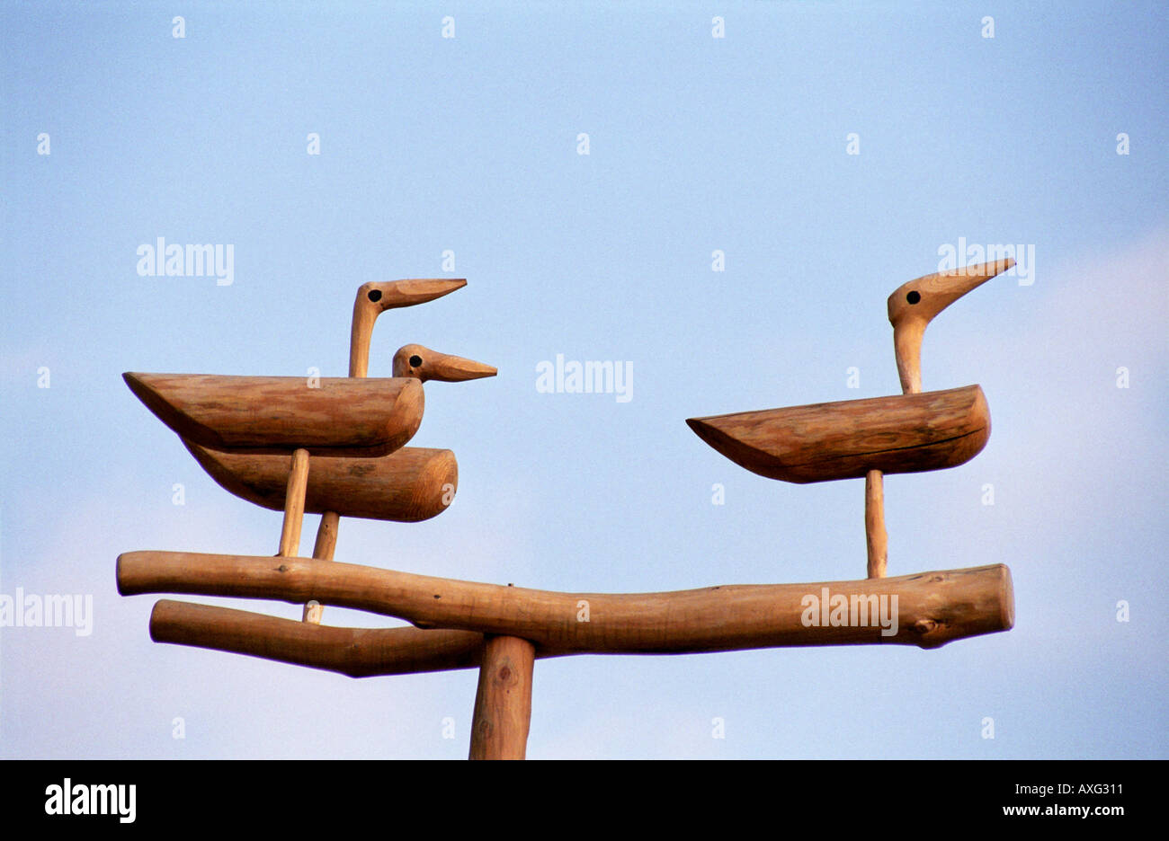 3 wooden ducks on pole at Kyongbokkung Palace Seoul South Korea Stock Photo