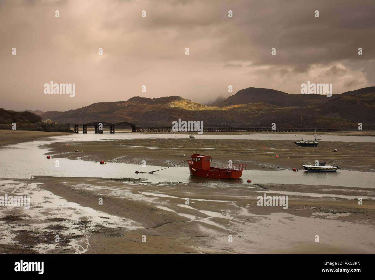 Barmouth Harbour and the estuary at low tide, Barmouth, North Wales, UK Stock Photo