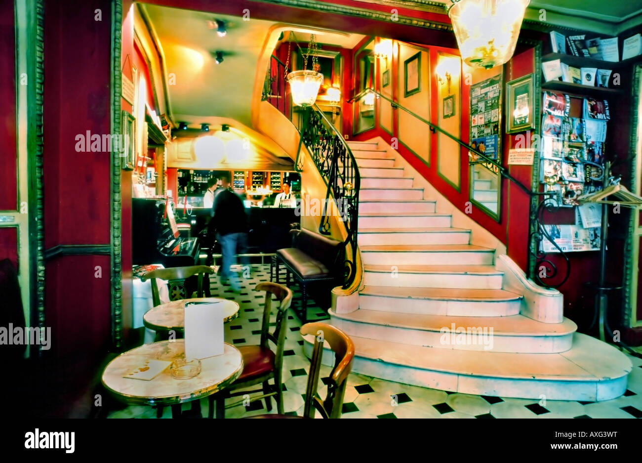 Paris France, 'Le Procope Cafe' stairs Interior 'Marble Staircase' and View to Bar, Paris coffee shop old restaurant interior Stock Photo