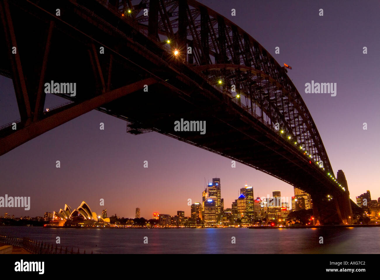 The Sydney skyline at sunset framed by the Harbour Bridge from North ...