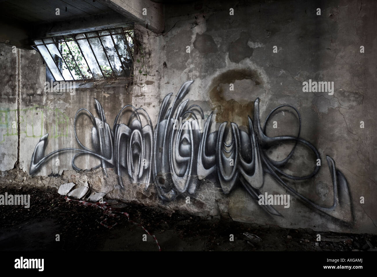 Graffiti in a brownfield site factory, at Cusset (France). Graffiti dans une usine désaffectée de Cusset (Allier - France). Stock Photo