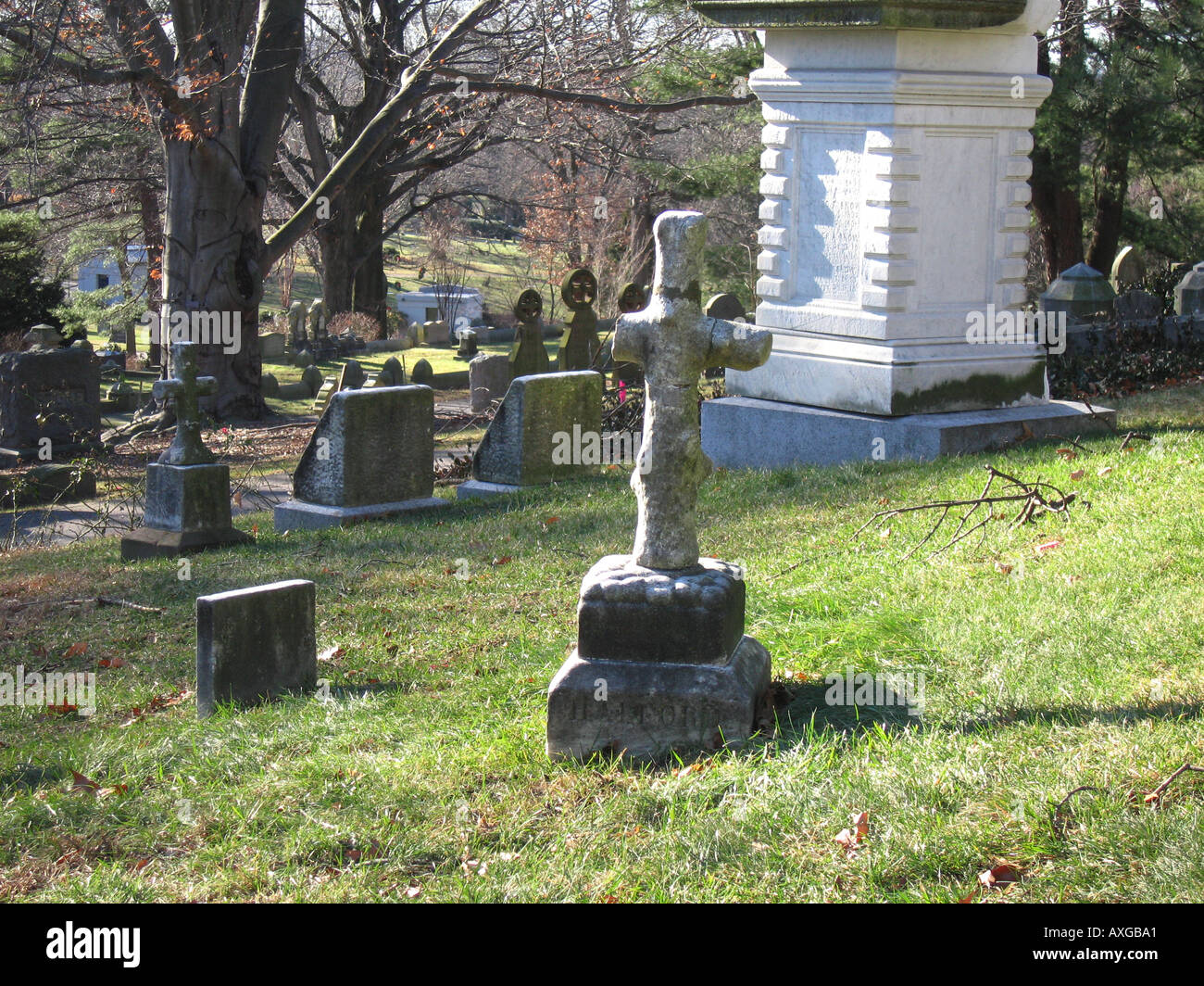 Cross marking a grave in the Mount Auburn cemetery Cambridge, Mass
