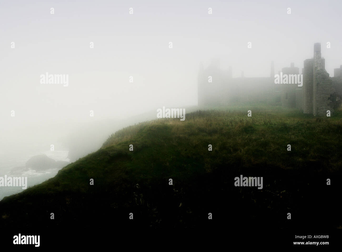 Moody Slains Castle north of aberdeen, scotland on a misty autumn day Stock Photo