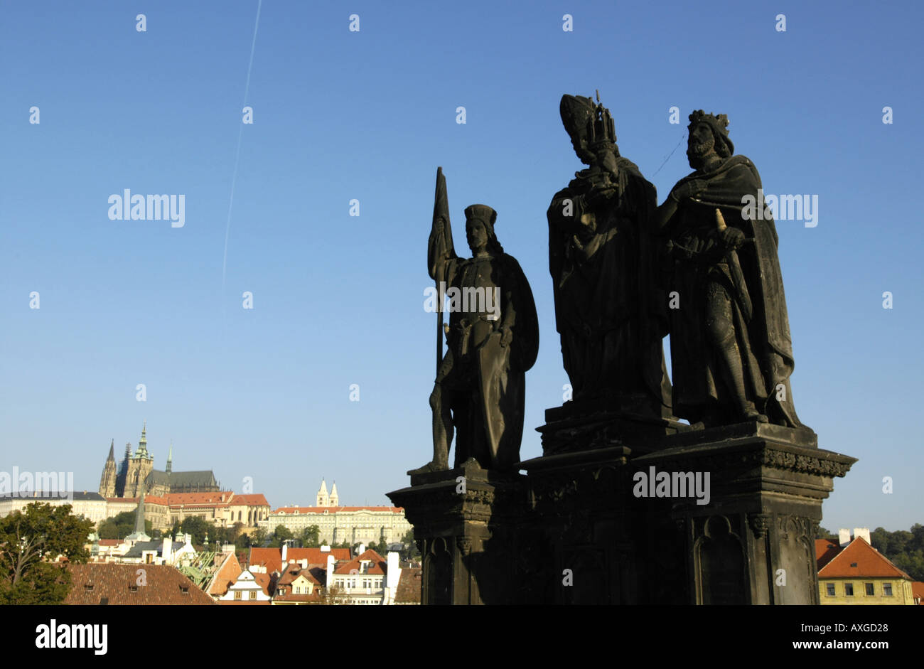 Prague, city view, hill Hradschin, Carls bridge, statue Stock Photo