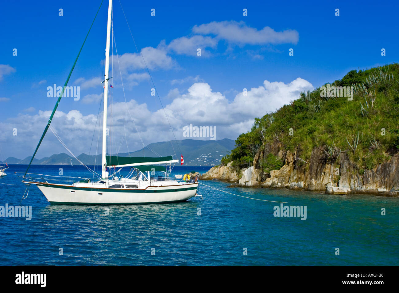 An Irwin Yacht anchored in Little Harbor, Peter Island, British Virgin Islands with Tortola in